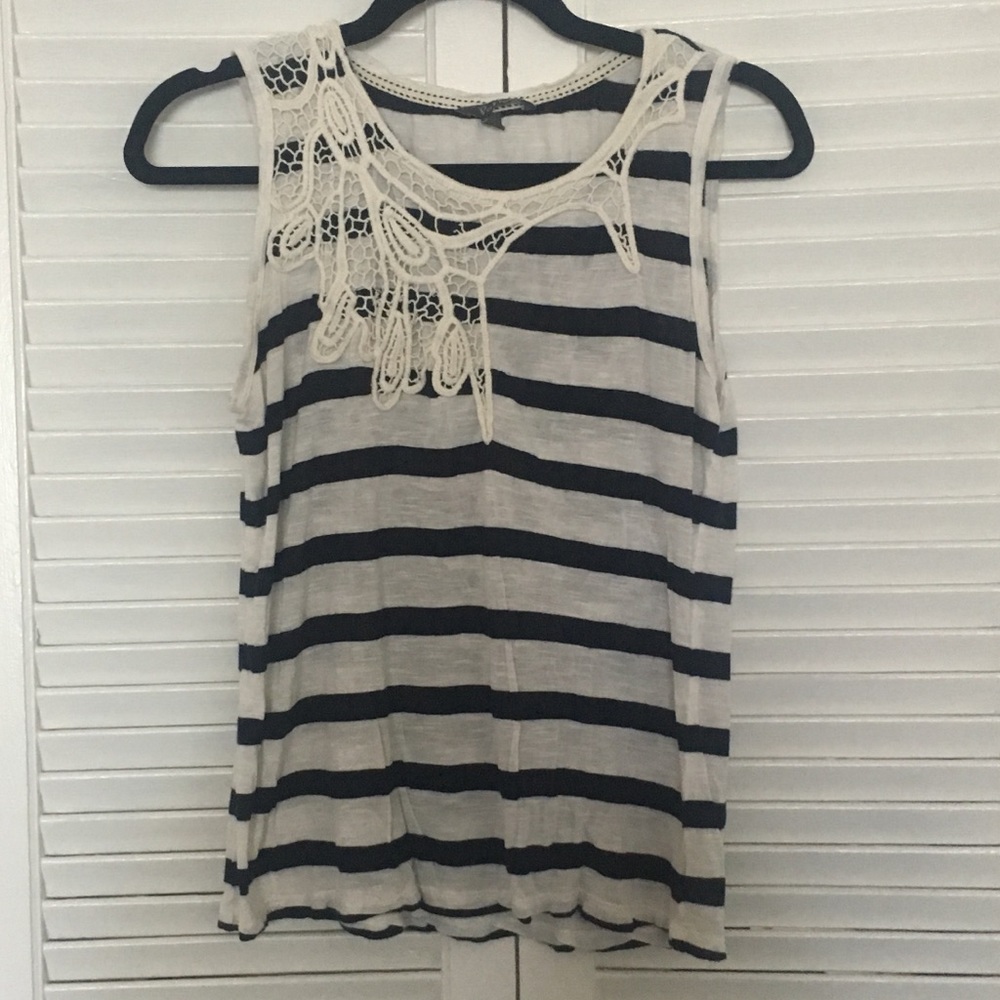 Cream Lace And Black Striped Tank Top